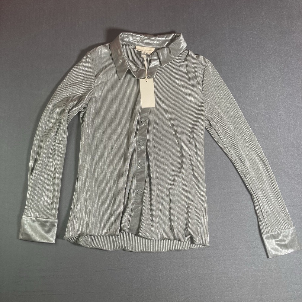 Melloday Blouse Silver Grey Metallic Sheer Crinkle Button Up Long Sleeve Size S